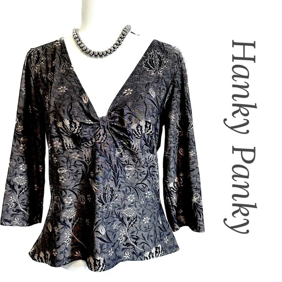Hanky Panky Tops - Hanky PANKY Woven Stretch Top Charcoal Dark Silver & Black Perfect 3/4 Sleeve
